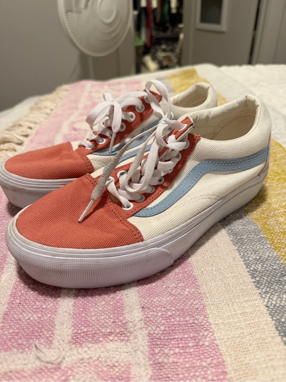 Vans Women’s Low Top Sneakers - Coral, White & Light Blue Stripe 8.5